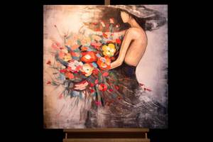 Tableau peint à la main Flower Girl Noir - Rose foncé - Bois massif - Textile - 80 x 80 x 4 cm