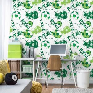 Papier Peint football graffiti enfants Vert - Blanc - Papier - 53 x 1000 x 1000 cm