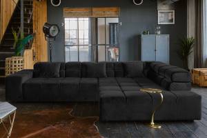 Ecksofa NEVADA Velvet Recamiere Schwarz - Armlehne davorstehend links - Ecke davorstehend rechts