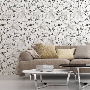 Papier Peint Brindilles FLEURS Magnolia Beige - Noir - Gris - Blanc - Papier - Textile - 53 x 1000 x 1000 cm