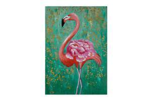 Tableau peint Fabulous Flamingo Rose foncé - Turquoise - Bois massif - Textile - 70 x 100 x 4 cm
