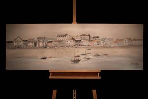 Impression sur toile Little Port Town Beige - Bleu - Bois massif - Textile - 150 x 50 x 4 cm