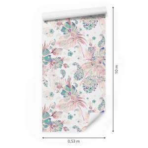 Papier Peint fleurs feuilles pastel Beige - Bleu - Vert - Mauve - Blanc - Papier - 53 x 1000 x 1000 cm