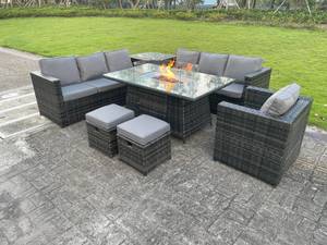 Rattan Tisch Gartenmöbel Set 9-Sitzer Grau - Polyrattan - Stein - 65 x 66 x 176 cm