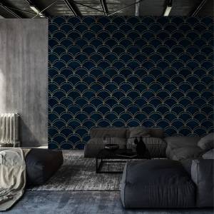 Papier Peint motifs style art déco Beige - Noir - Bleu - Marron - Papier - 53 x 1000 x 1000 cm