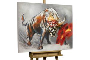 Tableau peint à la main Le taureau rouge Gris - Rouge - Bois massif - Textile - 100 x 75 x 4 cm