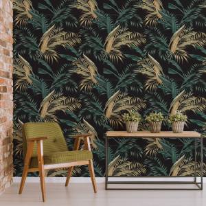 Papier Peint FEUILLES Tropicales Nature Beige - Noir - Marron - Vert - Papier - Textile - 53 x 1000 x 1000 cm