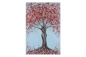 Tableau peint à la main Glorious Spring Bleu - Rose foncé - Bois massif - Textile - 60 x 90 x 4 cm