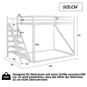 Lit superposé Minerva Ⅷ Blanc - Bois manufacturé - Métal - Bois massif - Bois/Imitation - 145 x 170 x 250 cm