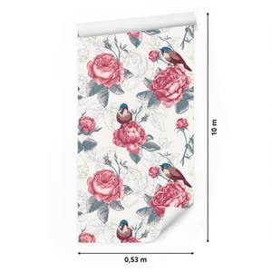 Papier Peint Feuilles Fleurs Oiseaux Marron - Gris - Rose foncé - Papier - Textile - 53 x 1000 x 1000 cm