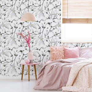 Papier Peint Brindilles FLEURS Magnolia Beige - Noir - Gris - Blanc - Papier - Textile - 53 x 1000 x 1000 cm