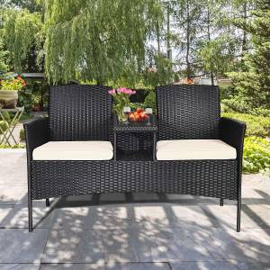 2-Sitzer Rattan Gartenbank mit Kissen Weiß - Rattan - 61 x 85 x 138 cm