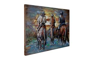 Tableau en bois Cowboys Ride at Sunset Marron - Métal - En partie en bois massif - 100 x 75 x 6 cm