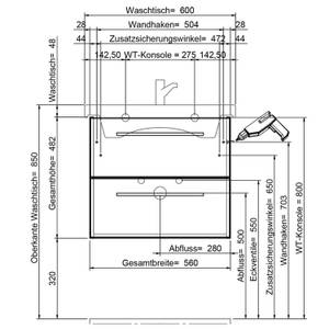 Bad Waschplatz Set hellgrau mit Becken Grau - Holzwerkstoff - 60 x 200 x 45 cm