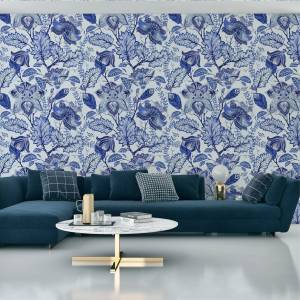 Papier Peint fleurs feuilles modernes Bleu - Blanc - Papier - 53 x 1000 x 1000 cm