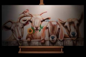 Tableau peint Curious Flock of Goats Marron - Blanc - Bois massif - Textile - En partie en bois massif - 100 x 50 x 4 cm