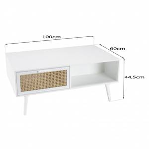Table basse 2 tiroirs 1 niche cannage Blanc - En partie en bois massif - 60 x 44 x 100 cm