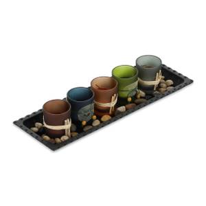 Bunte Teelichthalter mit Tablett Schwarz - Braun - Grün - Holzwerkstoff - Glas - 39 x 7 x 13 cm