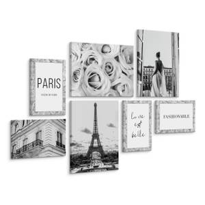 Set De Tableaux Paris Fleurs Citations Noir - Gris - Blanc - Textile - 110 x 80 x 80 cm