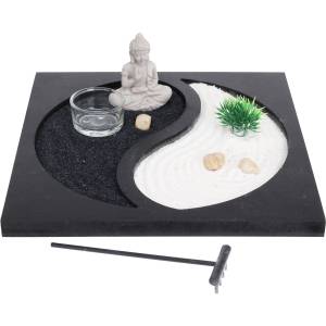 ZEN Garten mit Buddha, Entspannungsset Schwarz - Holzwerkstoff - 24 x 7 x 24 cm