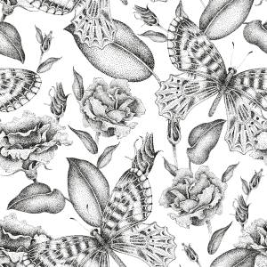 Tapete Blumen Schmetterlinge Vintage Schwarz - Weiß - Papier - Textil - 53 x 1000 x 1000 cm