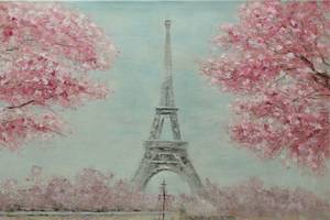 Tableau peint In the City of Love Bleu - Rose foncé - Bois massif - Textile - 100 x 70 x 4 cm
