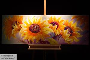 Bild handgemalt Symphony of Sunflowers Orange - Gelb - Massivholz - Textil - Holz teilmassiv - 150 x 50 x 4 cm