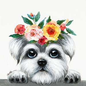 Tableau Chien couronne de fleurs 50x50cm Textile - 50 x 50 x 3 cm