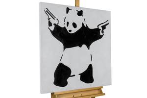Tableau peint Banksy's Fighting Panda Noir - Blanc - Bois massif - Textile - 80 x 80 x 4 cm
