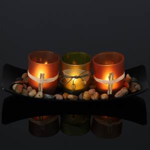 Porte-bougies multicolores avec plateau Noir - Marron - Vert - Bois manufacturé - Verre - Pierre - 26 x 8 x 10 cm