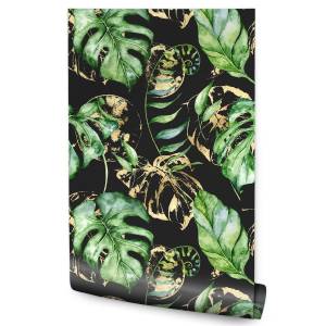 Papier Peint FEUILLES Tropicales Nature Beige - Noir - Vert - Papier - Textile - 53 x 1000 x 1000 cm