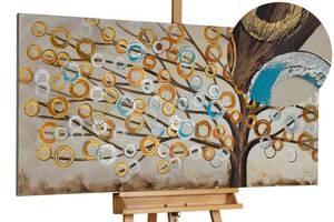 Tableau peint à la main Blues d'automne Beige - Bois massif - Textile - 140 x 70 x 4 cm