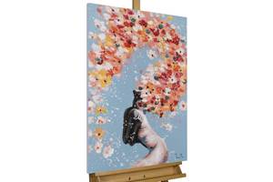 Tableau peint à la main Soul Blossom Bleu - Rose foncé - Bois massif - Textile - 60 x 90 x 4 cm