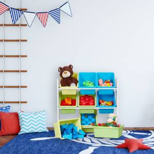 Kinderregal mit 9 Boxen und Motiv Grün - Hellblau - Weiß