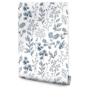 Papier Peint Brindilles PLANTES Nature Bleu - Gris - Blanc - Papier - Textile - 53 x 1000 x 1000 cm