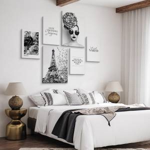 Set De Tableaux Fleurs Citations Femme Noir - Gris - Blanc - Textile - 90 x 80 x 80 cm