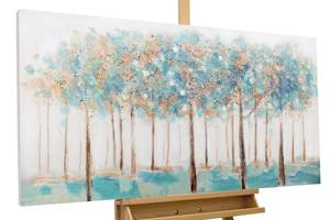 Tableau peint Forest of the Fairies Beige - Turquoise - Bois massif - Textile - En partie en bois massif - 120 x 60 x 4 cm