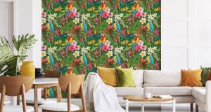 Papier Peint FLEURS Tropicale Perroquets Beige - Bleu - Vert - Rouge - Papier - Textile - 53 x 1000 x 1000 cm