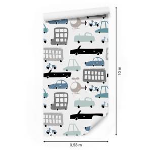 Papier Peint Pour Enfants Voitures Beige - Noir - Bleu - Gris - Blanc - Papier - 53 x 1000 x 1000 cm