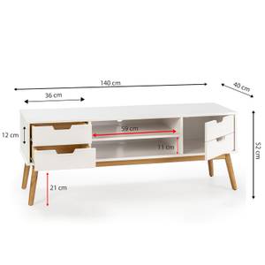 Meuble tv Baku 1 porte et 2 tiroir blanc Blanc - Bois massif - Bois/Imitation - 140 x 52 x 40 cm