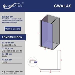 Glas Duschwand Walk In Dusche schwarz Breite: 80 cm