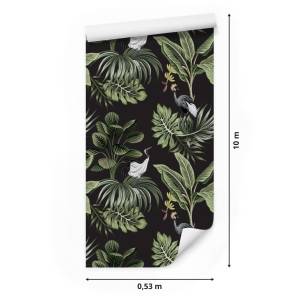 Papier Peint oiseaux feuilles tropicales Noir - Vert - Blanc - Papier - 53 x 1000 x 1000 cm