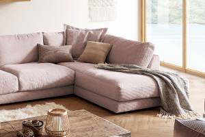 Sofa MADELINE Wohnlandschaft Cord Pink - Armlehne davorstehend rechts - Longchair davorstehend links