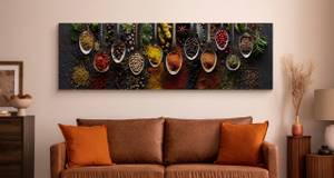 Tableau Panorama Épices Herbes 3D Beige - Gris - Orange - Textile - 145 x 45 x 45 cm