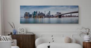 Tableau Panorama New York Architecture Beige - Bleu - Gris - Blanc - Textile - 145 x 45 x 45 cm