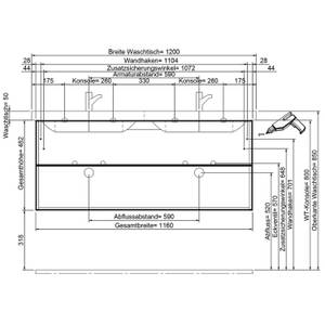 Doppelwaschtisch grifflos in Eiche 120cm Braun - Holzwerkstoff - 120 x 54 x 45 cm