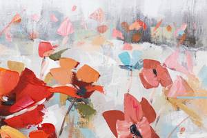 Tableau peint à la main Sea of Poppies Gris - Rouge - Bois massif - Textile - 120 x 60 x 4 cm