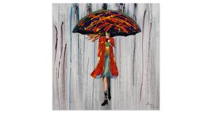 Tableau peint Alice sous la pluie Gris - Rouge - Bois massif - Textile - En partie en bois massif - 60 x 60 x 4 cm