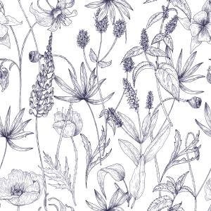 Tapete BLUMEN Kräuter Natur Retro Stil Blau - Grau - Violett - Weiß - Papier - Textil - 53 x 1000 x 1000 cm