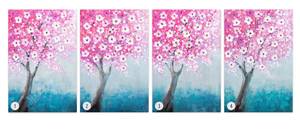 Tableau peint à la main Flower Tale Bleu - Rose foncé - Bois massif - Textile - 60 x 90 x 4 cm